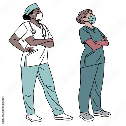 Two diverse medical professionals wearing face masks and scrubs standing confidently with arms crossed