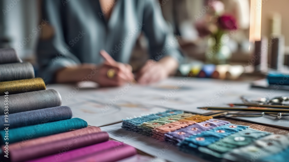 Fototapeta premium Woman designs clothes at table