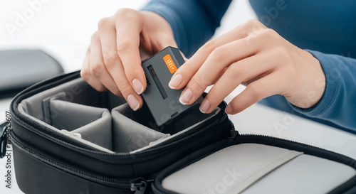 Woman's hands placing portable SSD into protective case