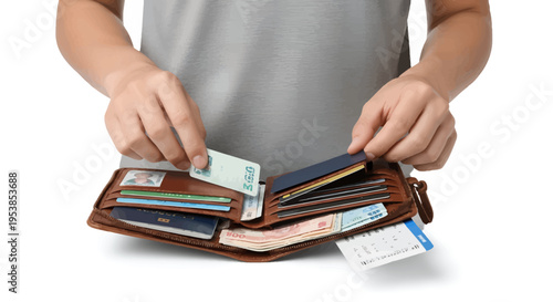 Man organizing wallet with cash and cards