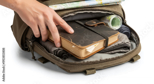 Person packing a brown backpack with a book and map