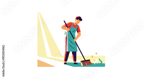 Person sweeping outdoors with broom vector illustration