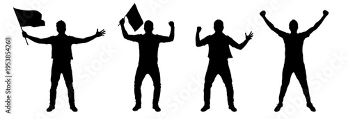 Football fan silhouettes, vector illustration set of soccer supporters celebrating with flags, isolated