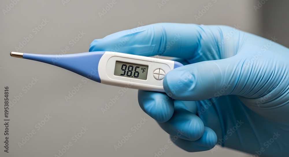 Obraz premium Doctor wearing blue gloves holding digital thermometer displaying 98.6F for patient temperature check