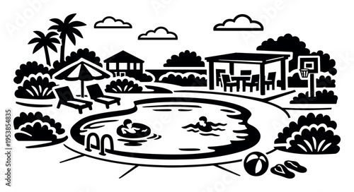 Scene of a backyard pool with children swimming, sun loungers, a canopy, palm trees, and various outdoor seating areas