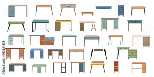 Collection of different desktops isolated on white background. Vector flat furniture cliparts. Concepts of home, office, interiors.