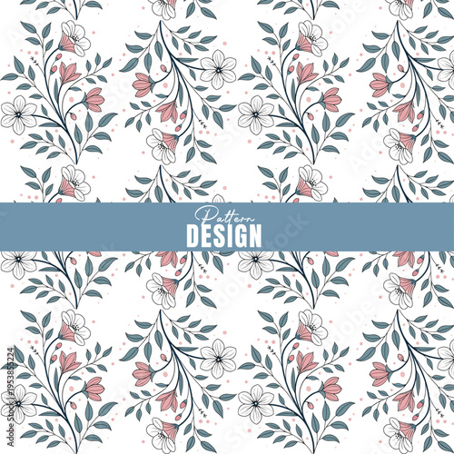 Seamless floral pattern with leaves and flowers, hand drawn botanical illustration, soft pastel colors, elegant repeating background for textile, wallpaper and surface design