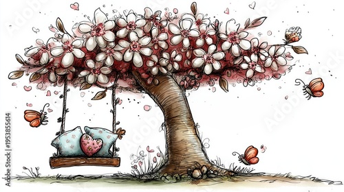 Arbre fleuri avec balançoire et papillons dans un style romantique