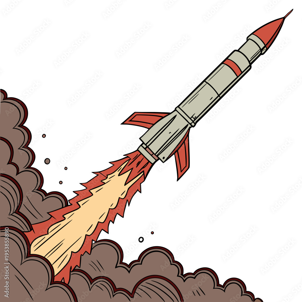 Fototapeta premium Red and gray rocket blasting off with brown smoke