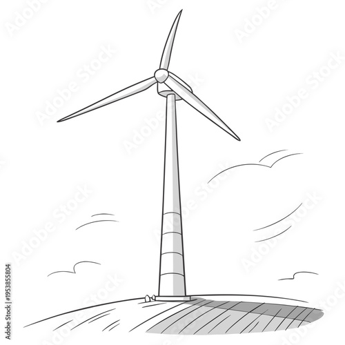 Wind turbine on a hill with clouds and wind windmill