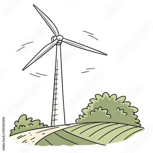 Wind turbine on a green hill with bushes nature landscape