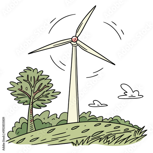 Colorful wind turbine landscape tree green grass hill