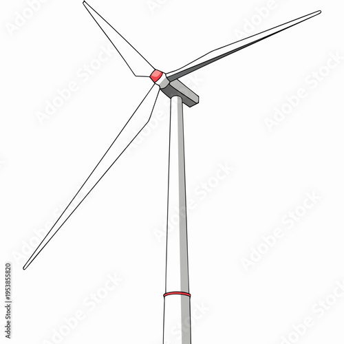 Close-up of a wind turbine red accents gray tower white blades