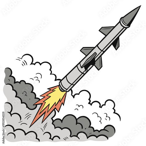 Gray rocket launching into the sky with clouds and flames