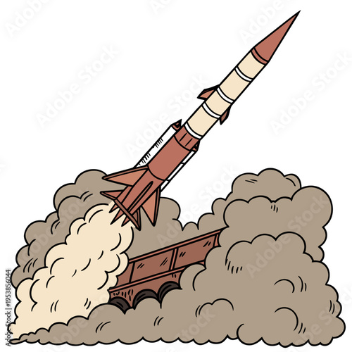 Red and white rocket launching from a truck