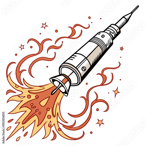 Cartoon rocket ship blasting off into space spaceship