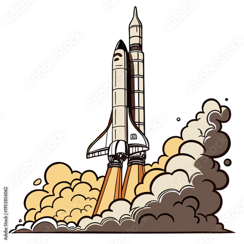 Cartoon space shuttle launching into the sky clouds
