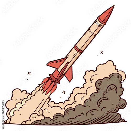 Red and beige rocket launching with smoke and clouds