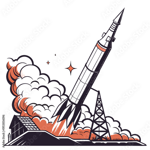 White and orange rocket launching from launchpad explosion