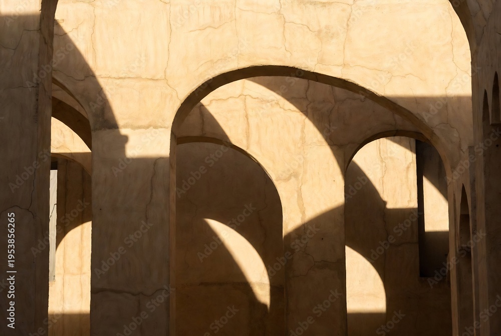 Fototapeta premium Arched columns cast shadows on a textured wall within an ancient structure.