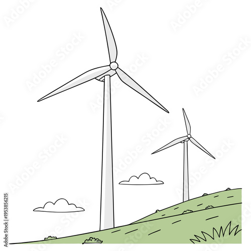 Two wind turbines on a green hill clouds renewable energy