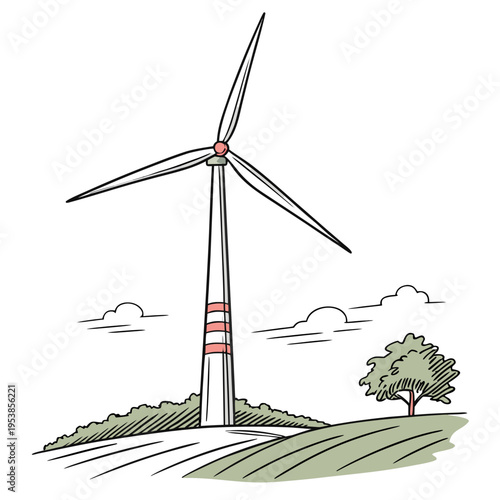 Wind turbine with red accents on a hill trees clouds