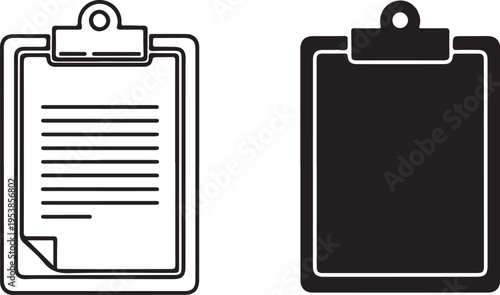 A comparison showing a line art clipboard with document and a solid black silhouette clipboard icon