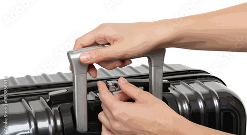 Person hands assembling telescoping handle on black suitcase