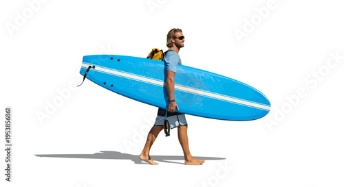 Young surfer carrying blue surfboard on sunny day
