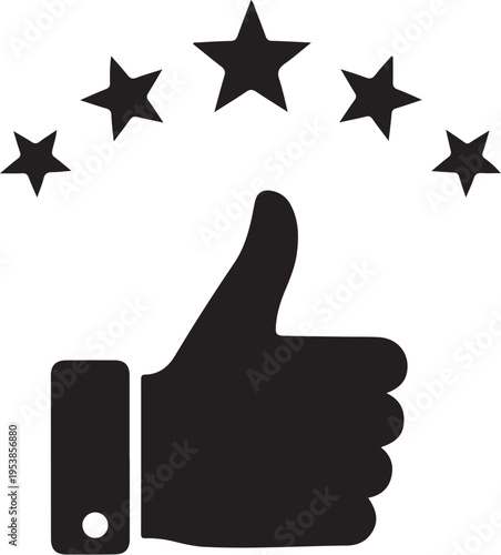 A minimalist black icon featuring a thumb up gesture combined with a five star rating symbol above