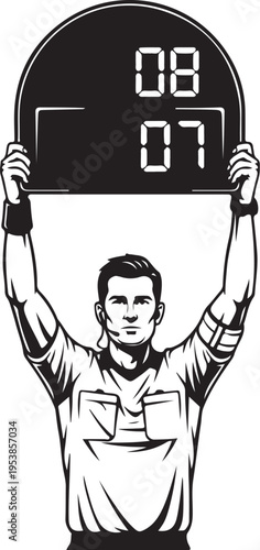A black and white illustration of a sports referee holding up an electronic player substitution board