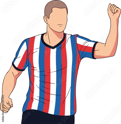 A faceless male soccer player in a red white and blue striped jersey celebrating a big victory