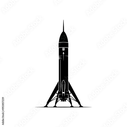 Detailed Black and White Rocket Illustration on White Background.