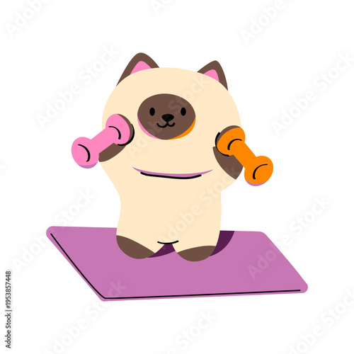 Cute cat exercising on a yoga mat. Hand-drawn.