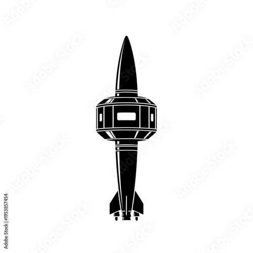 Detailed black and white vector illustration of a space rocket.