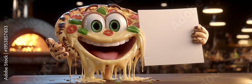 A Smiling Anthropomorphic Margherita Pizza Mascot Holding a Blank Advertising Sign with Copy Space in Front of a Traditional Brick Pizza Oven with Warm Firelight. Generative Ai.