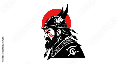 A fierce warrior wearing a horned helmet stands boldly against a red sun.