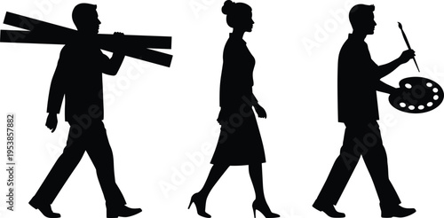 Silhouettes of a builder with wood a business woman walking and an artist painting representing diverse careers professions and labor.