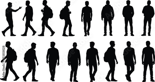 Collection of young men silhouettes walking with backpacks representing students education university life back to school travel and urban lifestyle.