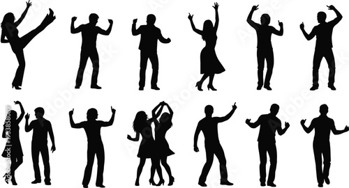 Silhouette Collection of Diverse People Dancing and Celebrating, Set of Men and Women in Party Poses Isolated on White Background