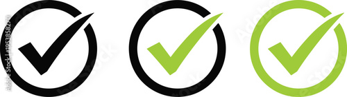 Set of three checkmark icons in black and green circles for approval success validation quality control and completed task symbols