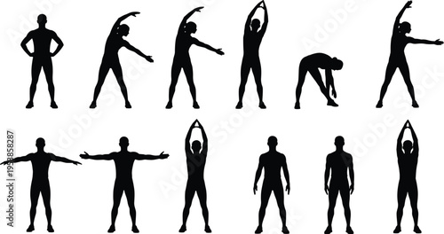 Silhouette of athletic person performing various standing stretching exercises and yoga poses for fitness, wellness, and healthy lifestyle isolated icons