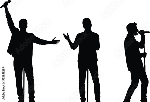 Silhouettes of male singers performing with microphones representing live music concerts entertainment stage performance karaoke public speaking and vocal artist talent.
