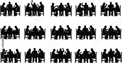 Collection of people silhouettes sitting at tables eating and talking representing restaurant dining social gathering friendship cafe meeting and group conversation.