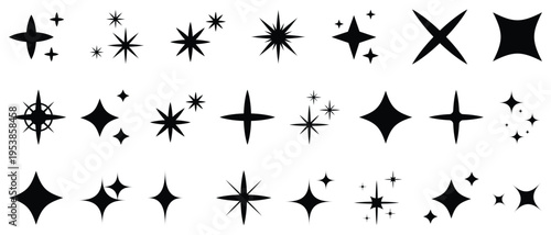 Collection of black starburst shapes and sparkles