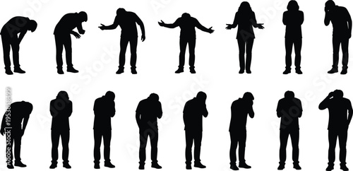 Collection of people silhouettes showing sadness regret disappointment and grief in various poses representing mental health depression failure and loneliness.