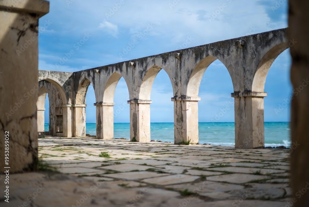 Fototapeta premium Ancient Roman aqueduct ruins overlooking the sea.