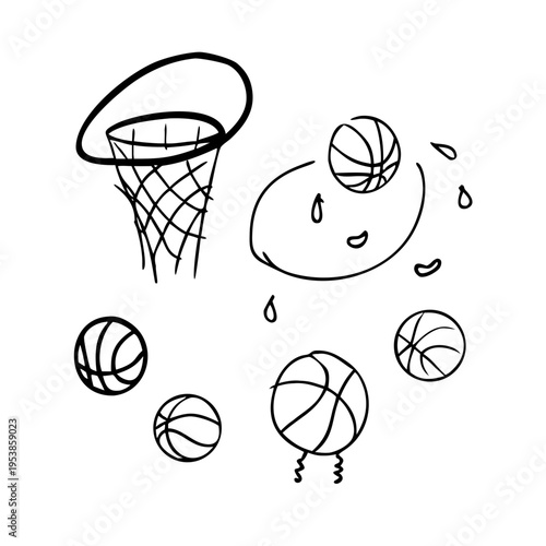 A basketball hoop with balls flying around it