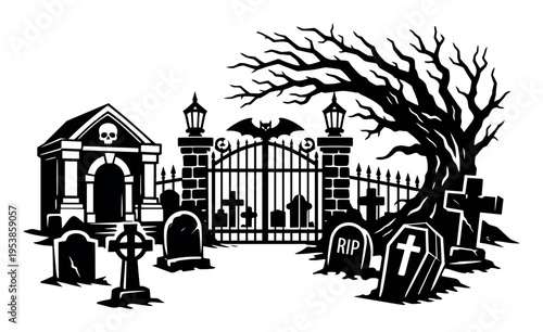 Eerie Halloween setting featuring a graveyard entrance with a bat, an ancient tomb, leafless tree, and assorted headstones