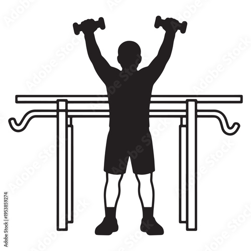 Man doing exercise with dumbbells in front of parallel bars